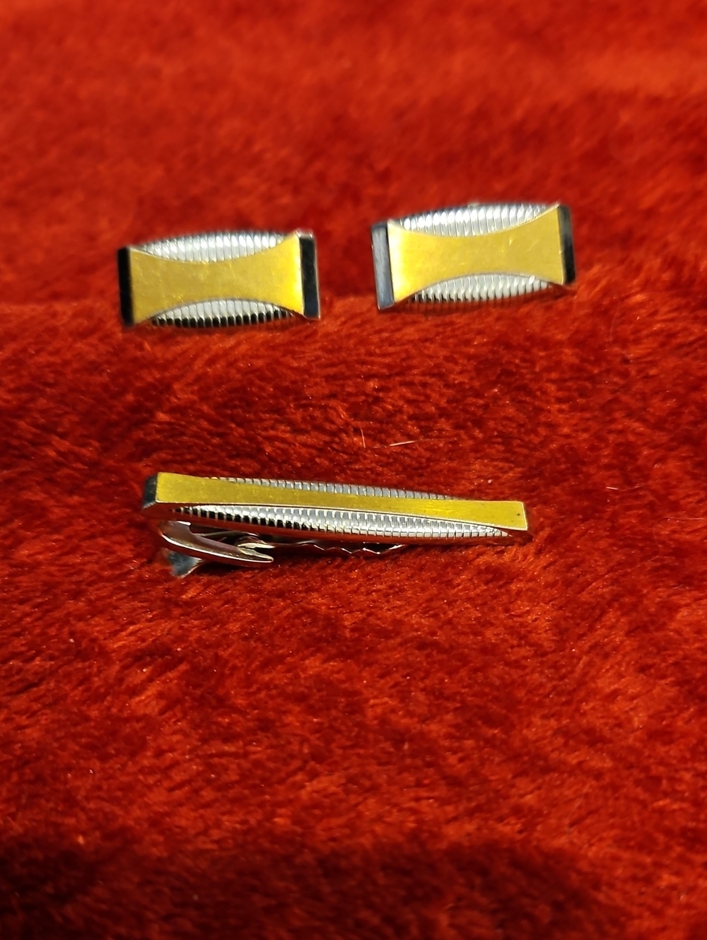 Vintage Men's Silver & Gold-Tone Rectangle Cufflinks With Matching Tie Clip